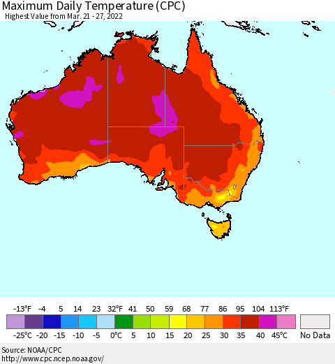 Australia Maximum Daily Temperature (CPC) Thematic Map For 3/21/2022 - 3/27/2022