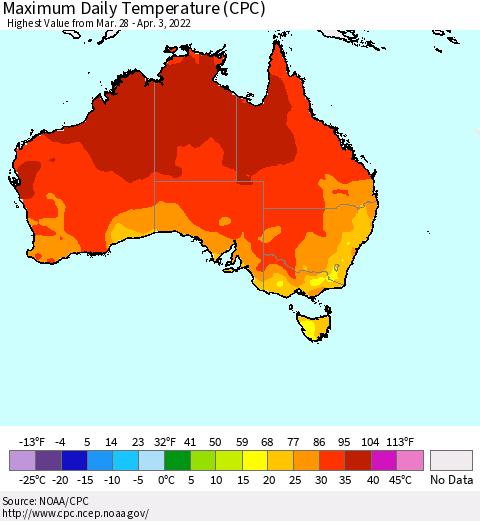 Australia Maximum Daily Temperature (CPC) Thematic Map For 3/28/2022 - 4/3/2022