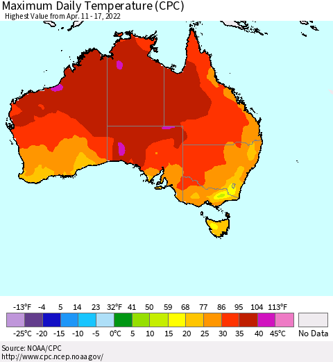 Australia Maximum Daily Temperature (CPC) Thematic Map For 4/11/2022 - 4/17/2022