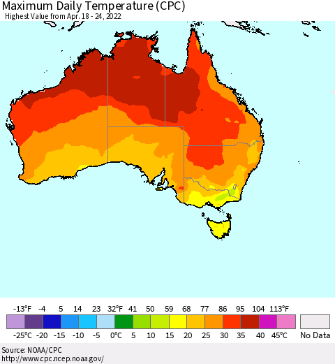 Australia Maximum Daily Temperature (CPC) Thematic Map For 4/18/2022 - 4/24/2022