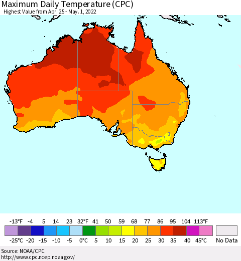 Australia Maximum Daily Temperature (CPC) Thematic Map For 4/25/2022 - 5/1/2022