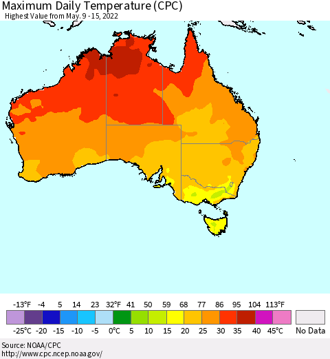 Australia Maximum Daily Temperature (CPC) Thematic Map For 5/9/2022 - 5/15/2022