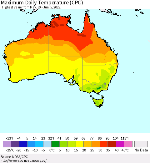Australia Maximum Daily Temperature (CPC) Thematic Map For 5/30/2022 - 6/5/2022
