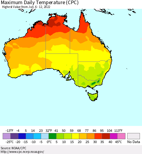 Australia Maximum Daily Temperature (CPC) Thematic Map For 6/6/2022 - 6/12/2022