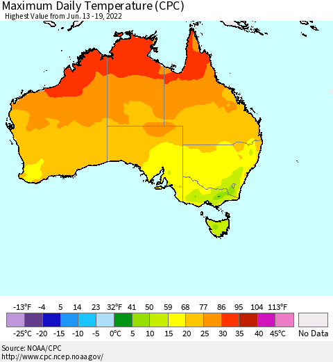 Australia Maximum Daily Temperature (CPC) Thematic Map For 6/13/2022 - 6/19/2022