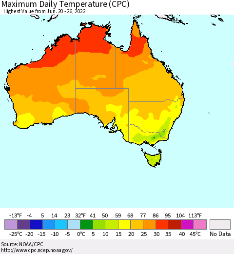 Australia Maximum Daily Temperature (CPC) Thematic Map For 6/20/2022 - 6/26/2022