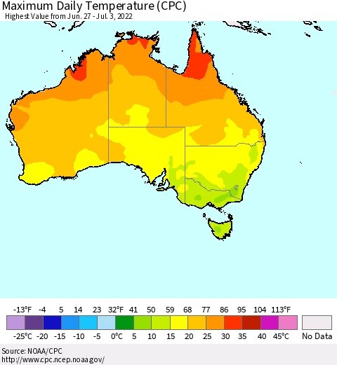 Australia Maximum Daily Temperature (CPC) Thematic Map For 6/27/2022 - 7/3/2022