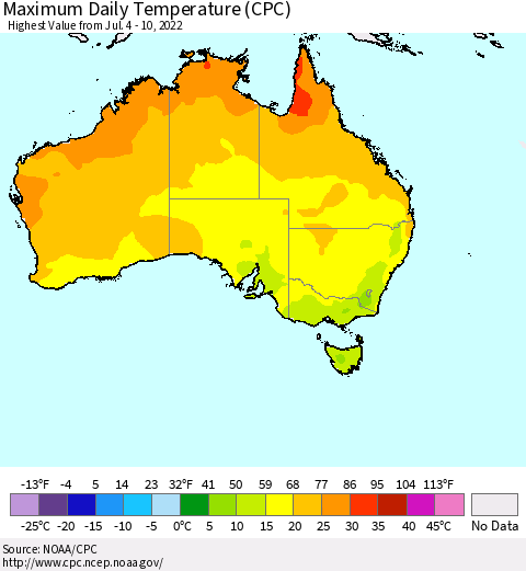 Australia Maximum Daily Temperature (CPC) Thematic Map For 7/4/2022 - 7/10/2022