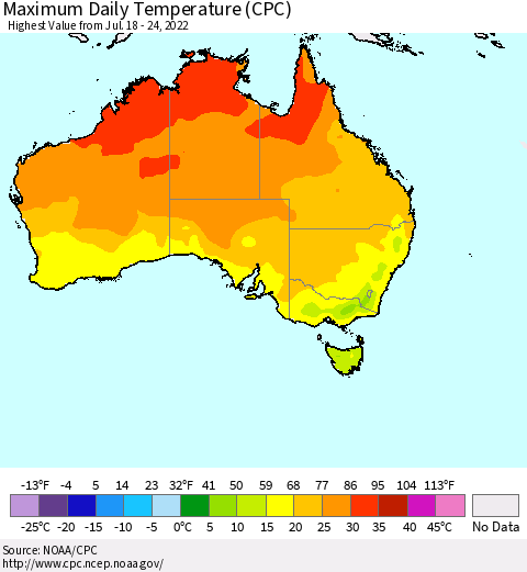 Australia Maximum Daily Temperature (CPC) Thematic Map For 7/18/2022 - 7/24/2022