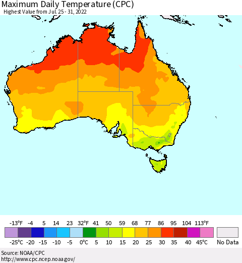 Australia Maximum Daily Temperature (CPC) Thematic Map For 7/25/2022 - 7/31/2022