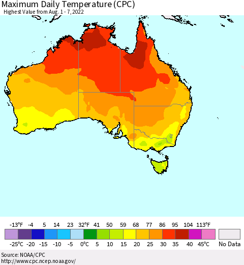 Australia Maximum Daily Temperature (CPC) Thematic Map For 8/1/2022 - 8/7/2022