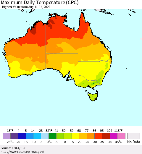 Australia Maximum Daily Temperature (CPC) Thematic Map For 8/8/2022 - 8/14/2022