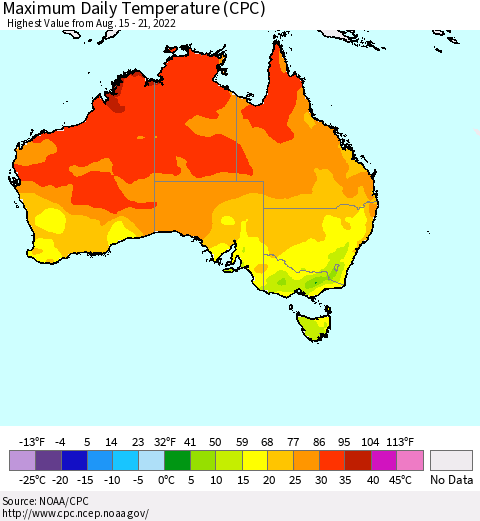 Australia Maximum Daily Temperature (CPC) Thematic Map For 8/15/2022 - 8/21/2022