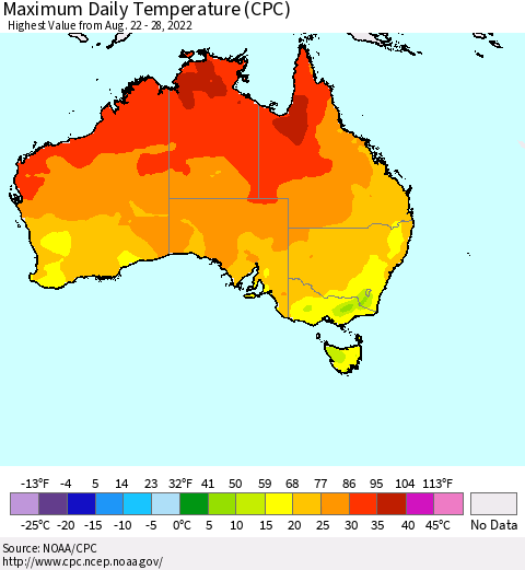 Australia Maximum Daily Temperature (CPC) Thematic Map For 8/22/2022 - 8/28/2022