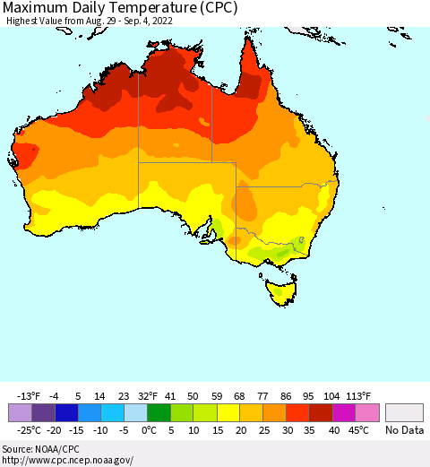 Australia Maximum Daily Temperature (CPC) Thematic Map For 8/29/2022 - 9/4/2022