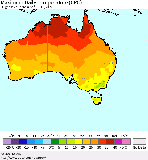 Australia Maximum Daily Temperature (CPC) Thematic Map For 9/5/2022 - 9/11/2022