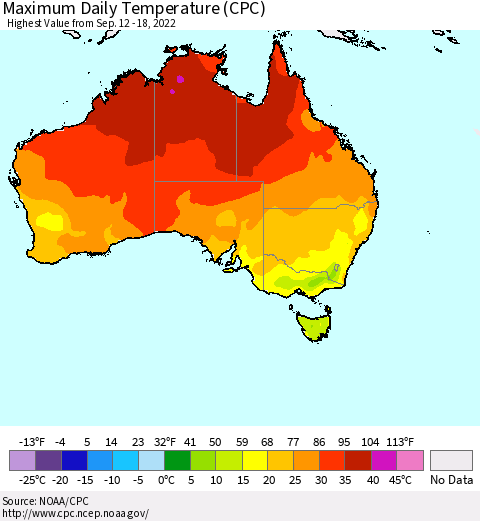 Australia Maximum Daily Temperature (CPC) Thematic Map For 9/12/2022 - 9/18/2022