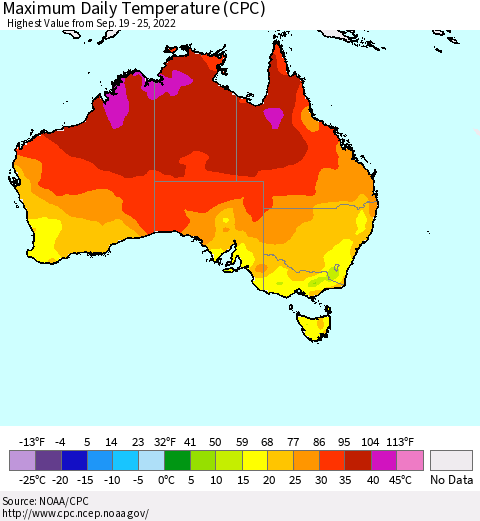 Australia Maximum Daily Temperature (CPC) Thematic Map For 9/19/2022 - 9/25/2022
