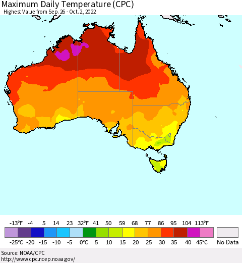 Australia Maximum Daily Temperature (CPC) Thematic Map For 9/26/2022 - 10/2/2022