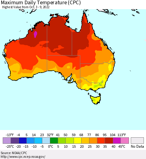Australia Maximum Daily Temperature (CPC) Thematic Map For 10/3/2022 - 10/9/2022
