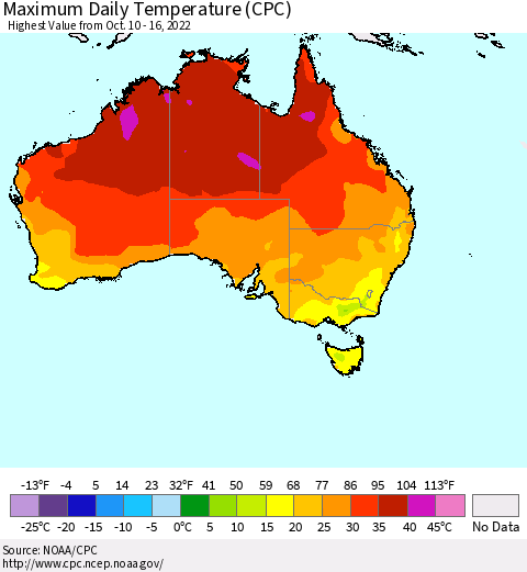 Australia Maximum Daily Temperature (CPC) Thematic Map For 10/10/2022 - 10/16/2022