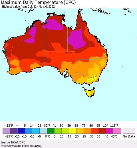 Australia Maximum Daily Temperature (CPC) Thematic Map For 10/31/2022 - 11/6/2022