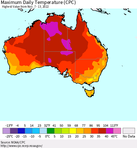 Australia Maximum Daily Temperature (CPC) Thematic Map For 11/7/2022 - 11/13/2022