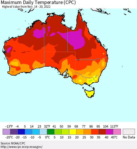 Australia Maximum Daily Temperature (CPC) Thematic Map For 11/14/2022 - 11/20/2022