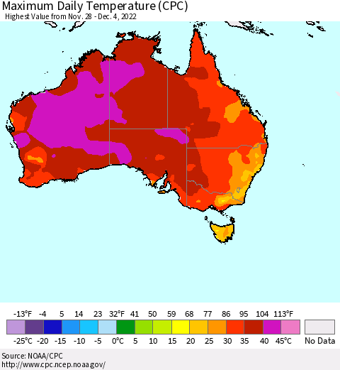 Australia Maximum Daily Temperature (CPC) Thematic Map For 11/28/2022 - 12/4/2022