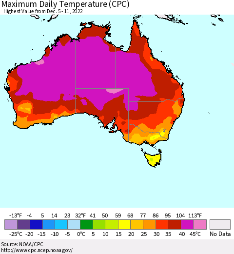 Australia Maximum Daily Temperature (CPC) Thematic Map For 12/5/2022 - 12/11/2022