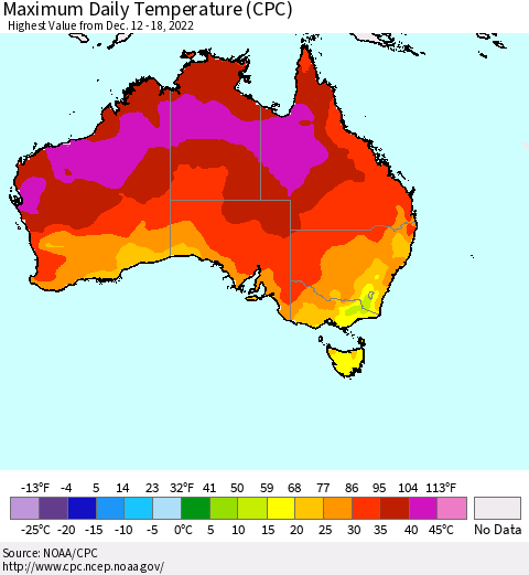 Australia Maximum Daily Temperature (CPC) Thematic Map For 12/12/2022 - 12/18/2022