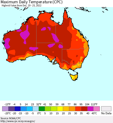 Australia Maximum Daily Temperature (CPC) Thematic Map For 12/19/2022 - 12/25/2022