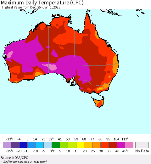 Australia Maximum Daily Temperature (CPC) Thematic Map For 12/26/2022 - 1/1/2023