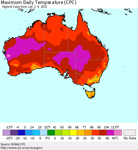 Australia Maximum Daily Temperature (CPC) Thematic Map For 1/2/2023 - 1/8/2023