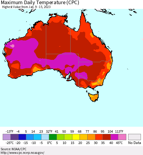 Australia Maximum Daily Temperature (CPC) Thematic Map For 1/9/2023 - 1/15/2023