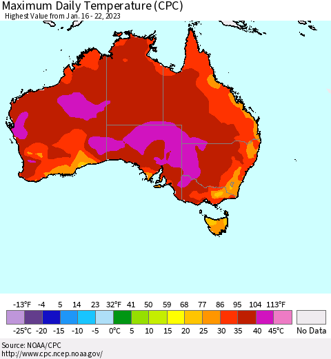 Australia Maximum Daily Temperature (CPC) Thematic Map For 1/16/2023 - 1/22/2023