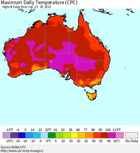 Australia Maximum Daily Temperature (CPC) Thematic Map For 1/23/2023 - 1/29/2023