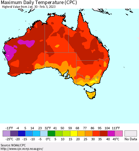 Australia Maximum Daily Temperature (CPC) Thematic Map For 1/30/2023 - 2/5/2023