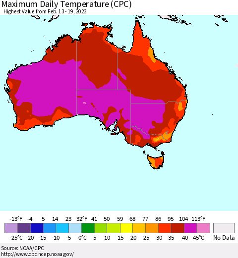 Australia Maximum Daily Temperature (CPC) Thematic Map For 2/13/2023 - 2/19/2023