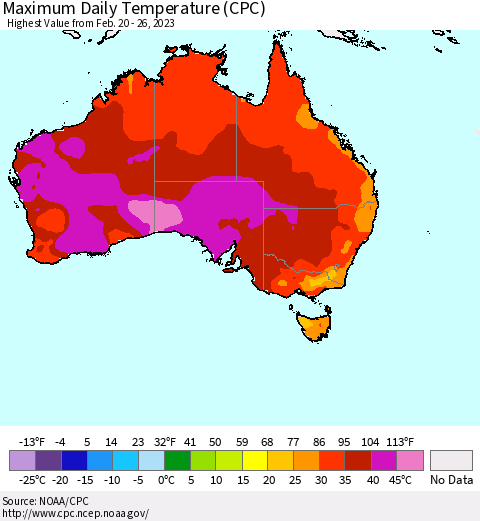 Australia Maximum Daily Temperature (CPC) Thematic Map For 2/20/2023 - 2/26/2023