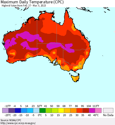 Australia Maximum Daily Temperature (CPC) Thematic Map For 2/27/2023 - 3/5/2023