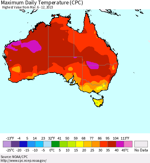 Australia Maximum Daily Temperature (CPC) Thematic Map For 3/6/2023 - 3/12/2023