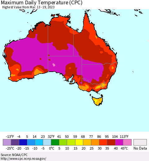 Australia Maximum Daily Temperature (CPC) Thematic Map For 3/13/2023 - 3/19/2023