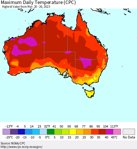 Australia Maximum Daily Temperature (CPC) Thematic Map For 3/20/2023 - 3/26/2023