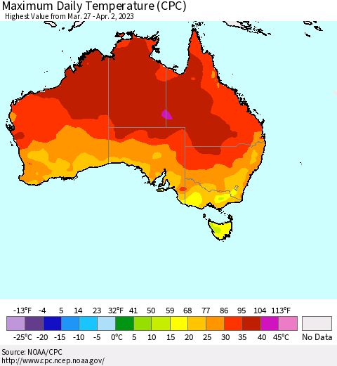 Australia Maximum Daily Temperature (CPC) Thematic Map For 3/27/2023 - 4/2/2023