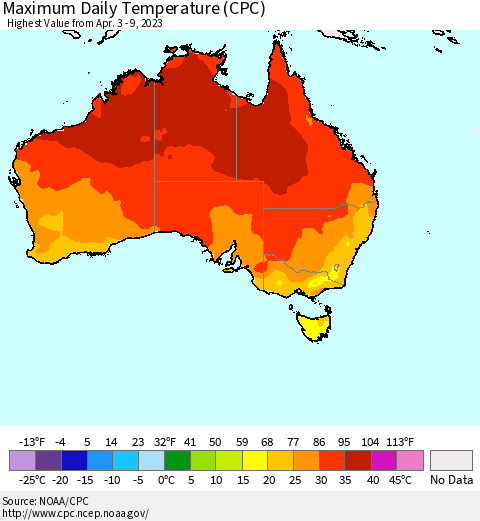 Australia Maximum Daily Temperature (CPC) Thematic Map For 4/3/2023 - 4/9/2023