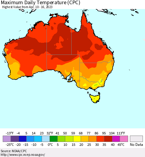 Australia Maximum Daily Temperature (CPC) Thematic Map For 4/10/2023 - 4/16/2023