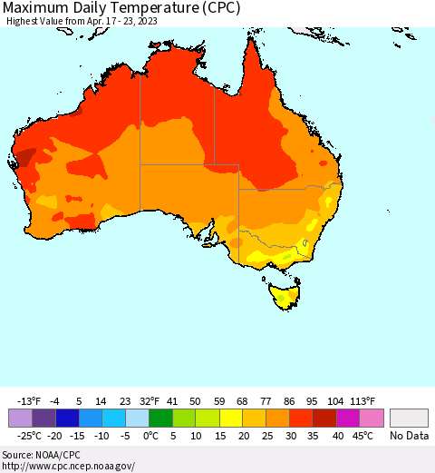 Australia Maximum Daily Temperature (CPC) Thematic Map For 4/17/2023 - 4/23/2023