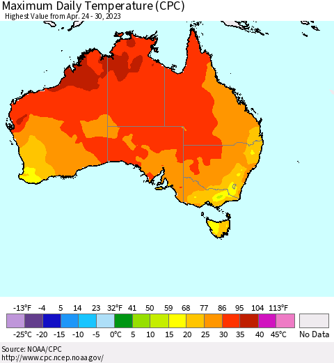 Australia Maximum Daily Temperature (CPC) Thematic Map For 4/24/2023 - 4/30/2023