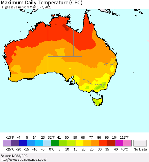 Australia Maximum Daily Temperature (CPC) Thematic Map For 5/1/2023 - 5/7/2023